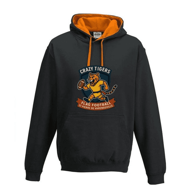 Sweat capuche noir - doublure, capuche et cordon orange. Poche kangourou. Intérieur gratté.