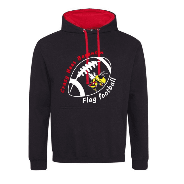 Sweat capuche noir - doublure, capuche et cordon rouge. Poche kangourou. Intérieur gratté.