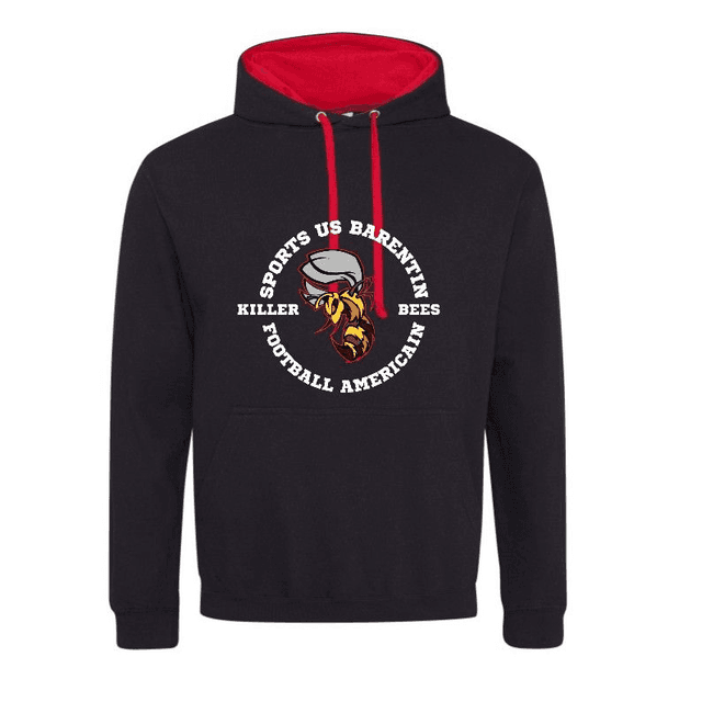 Sweat capuche noir - doublure, capuche et cordon rouge. Poche kangourou. Intérieur gratté.